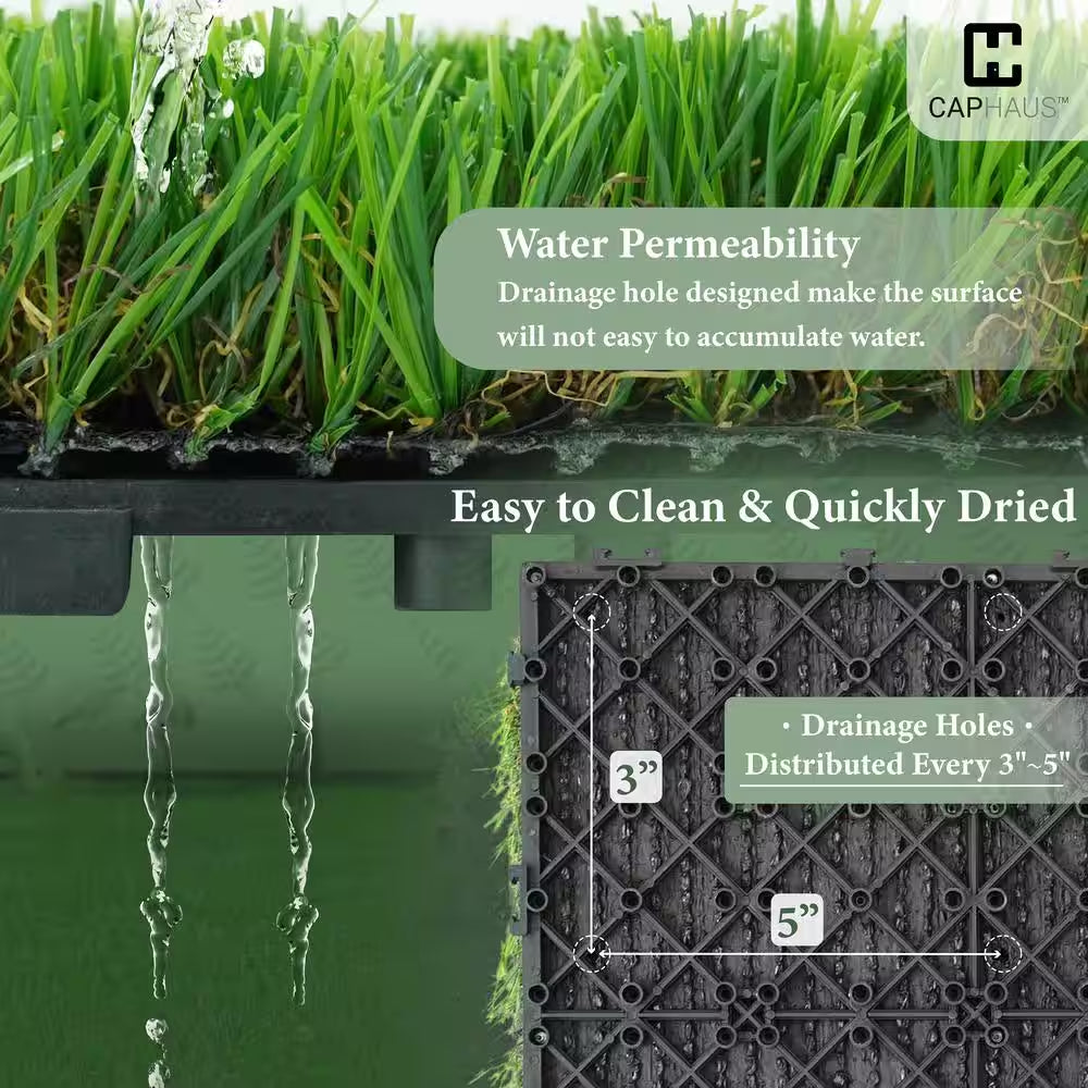 1 Ft. X 1 Ft. Green Artificial Grass Turf Tiles, Self-Draining Interlocking Faux Grass Pet Turf, Tile, Covers 6 Sq. Ft.