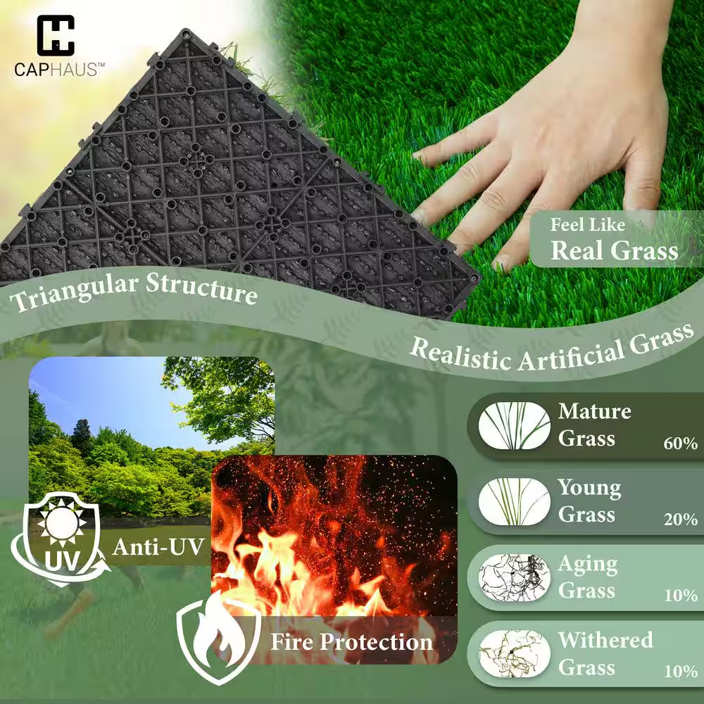 1 Ft. X 1 Ft. Green Artificial Grass Turf Tiles, Self-Draining Interlocking Faux Grass Pet Turf, Tile, Covers 6 Sq. Ft.