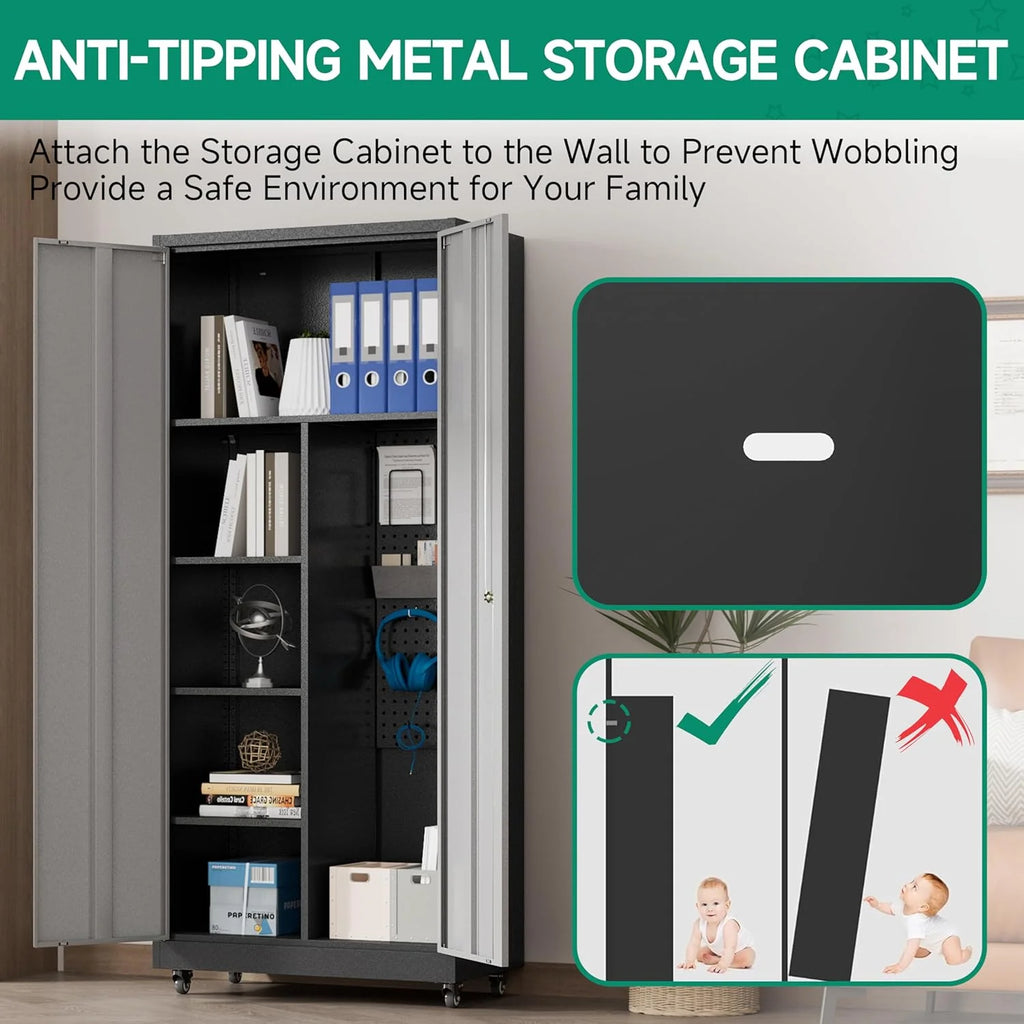 Metal Garage Storage Cabinet with Locking Doors and Adjustable Shelves, Rolling Tool Storage Cabinet with Lock,Steel Locking Cabinet,Tall Storage Cabinet on Wheels for Garage,Warehouse-Black Gray