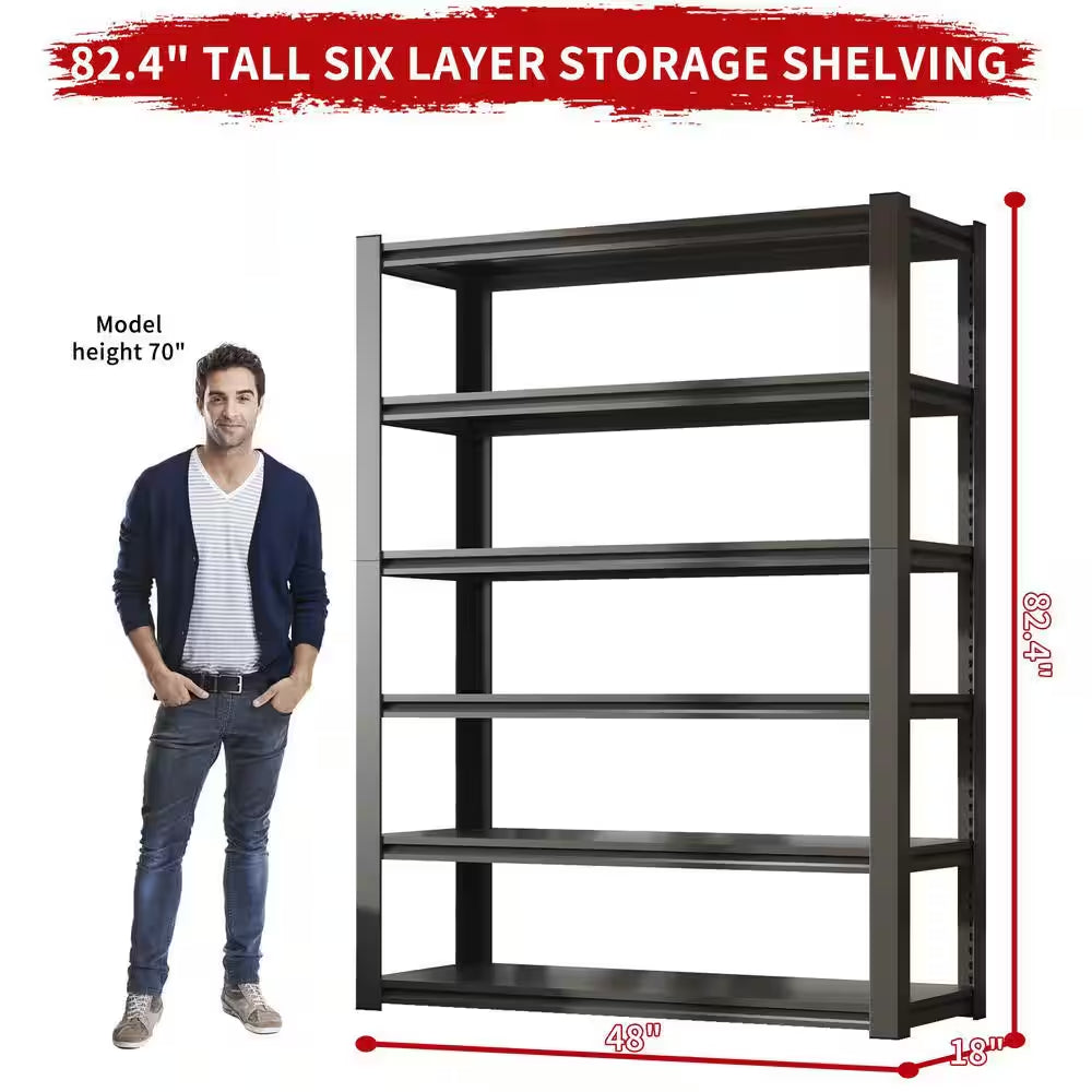 82 In.H 6-Tier Metal Shelves, 2400LBS Heavy Duty Adjustable Garage Shelf, Storage Shelves, Industrial Utility Rack-Black