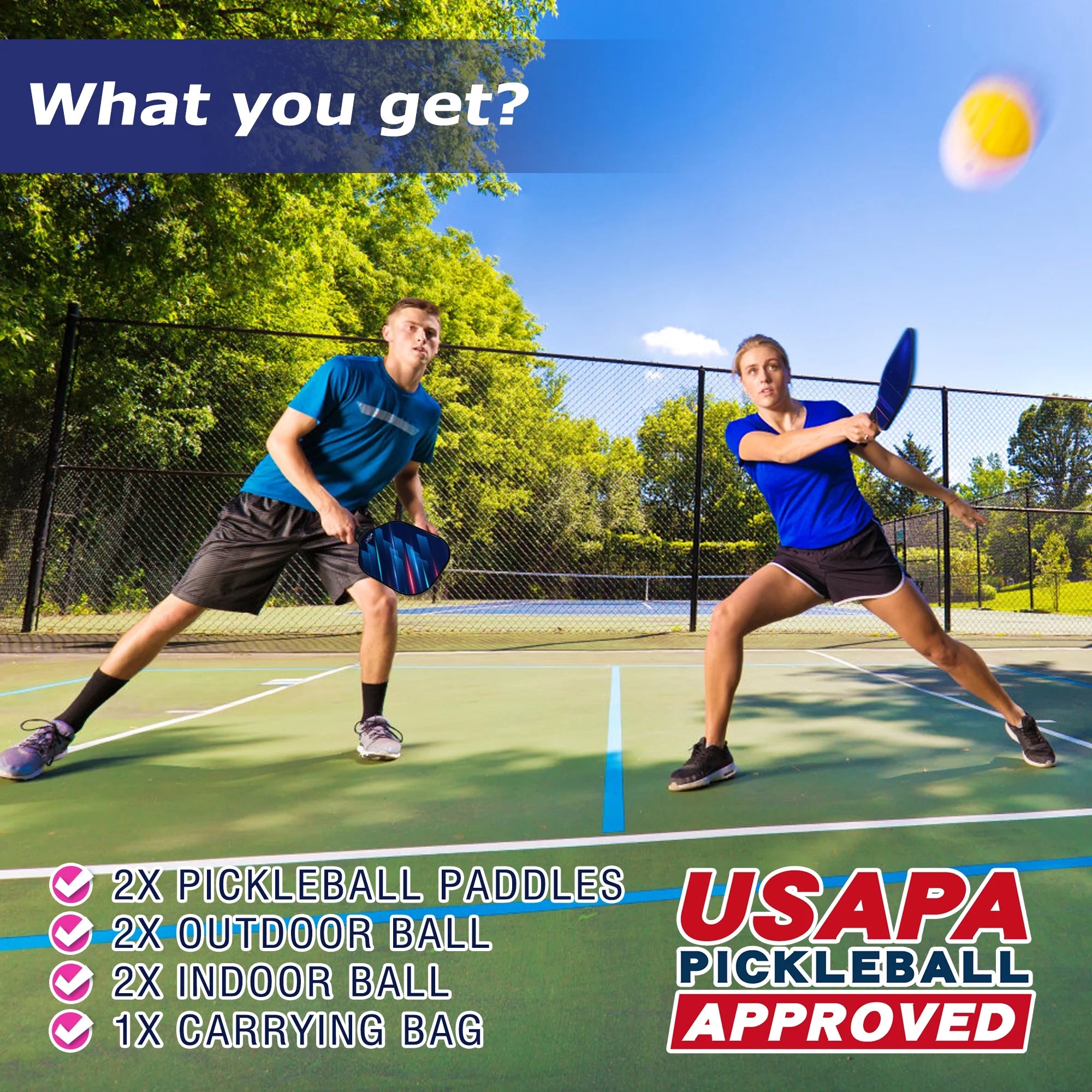 USAPA Approved Pickleball Paddles, Graphite Fiber Polypropylene Honeycomb Core , Pickle Ball Set with 2 Pickle Ball Rackets, 4 Balls and Backpack