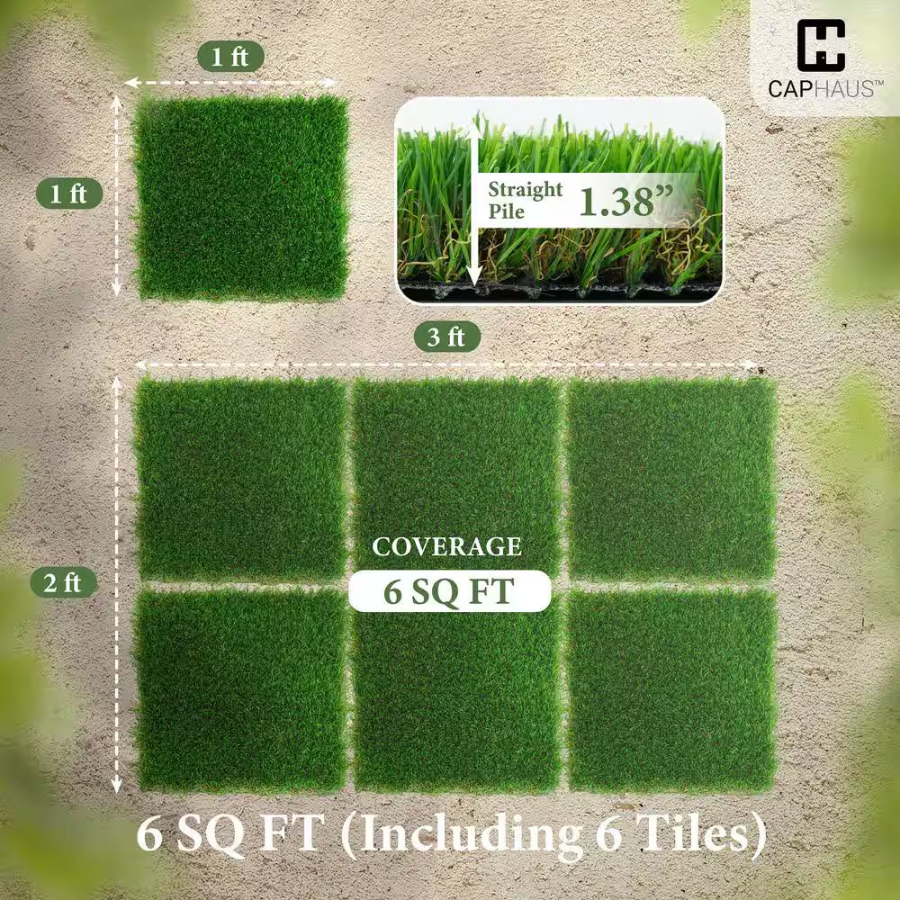 1 Ft. X 1 Ft. Green Artificial Grass Turf Tiles, Self-Draining Interlocking Faux Grass Pet Turf, Tile, Covers 6 Sq. Ft.