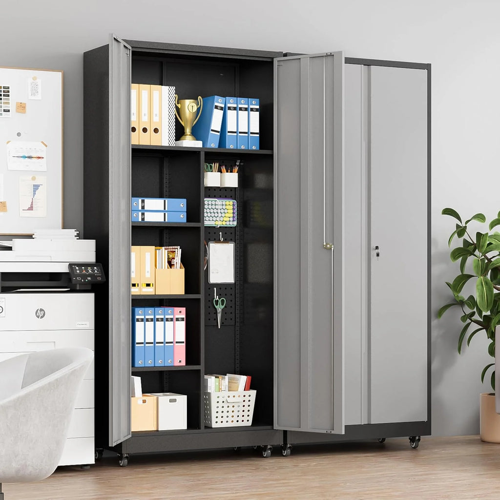 Metal Garage Storage Cabinet with Locking Doors and Adjustable Shelves, Rolling Tool Storage Cabinet with Lock,Steel Locking Cabinet,Tall Storage Cabinet on Wheels for Garage,Warehouse-Black Gray