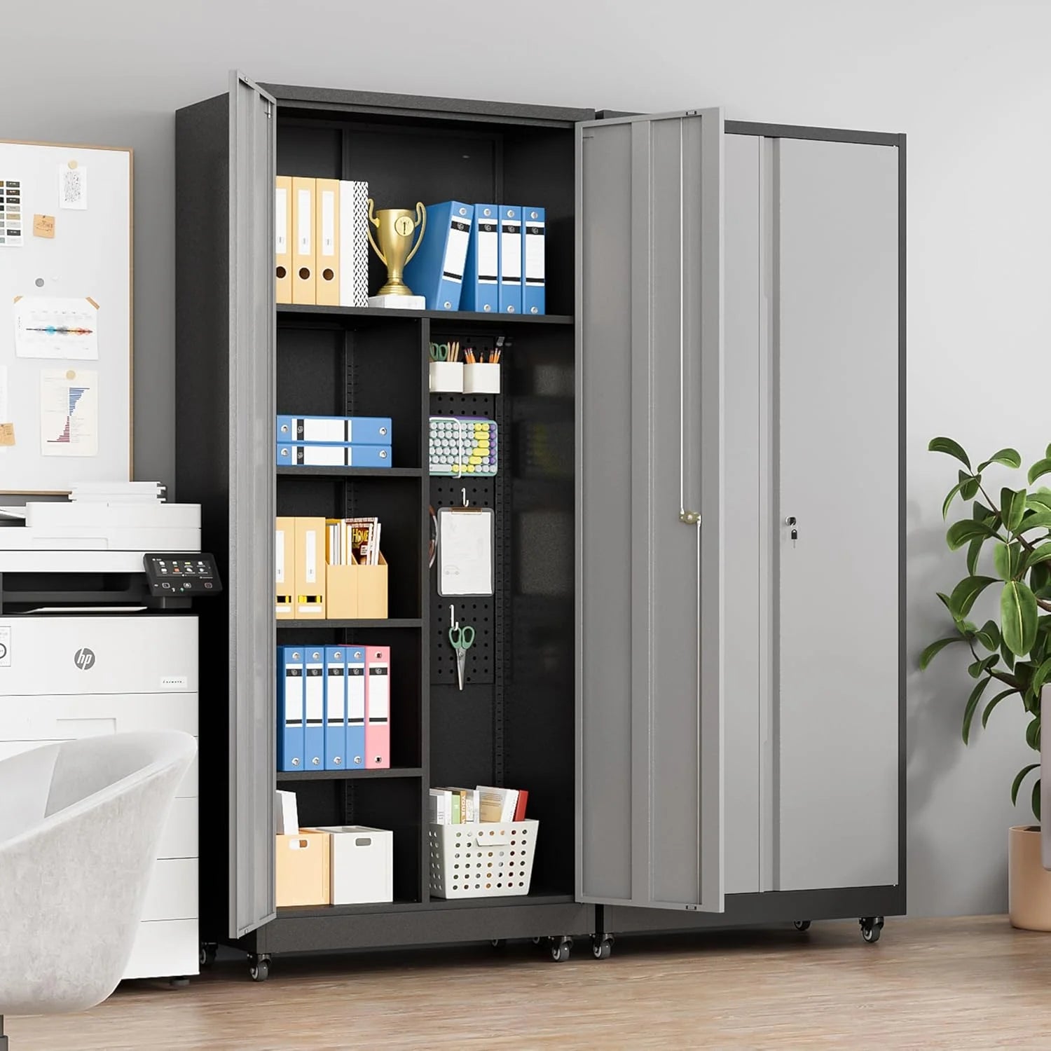 Metal Garage Storage Cabinet with Locking Doors and Adjustable Shelves, Rolling Tool Storage Cabinet with Lock,Steel Locking Cabinet,Tall Storage Cabinet on Wheels for Garage,Warehouse-Black Gray