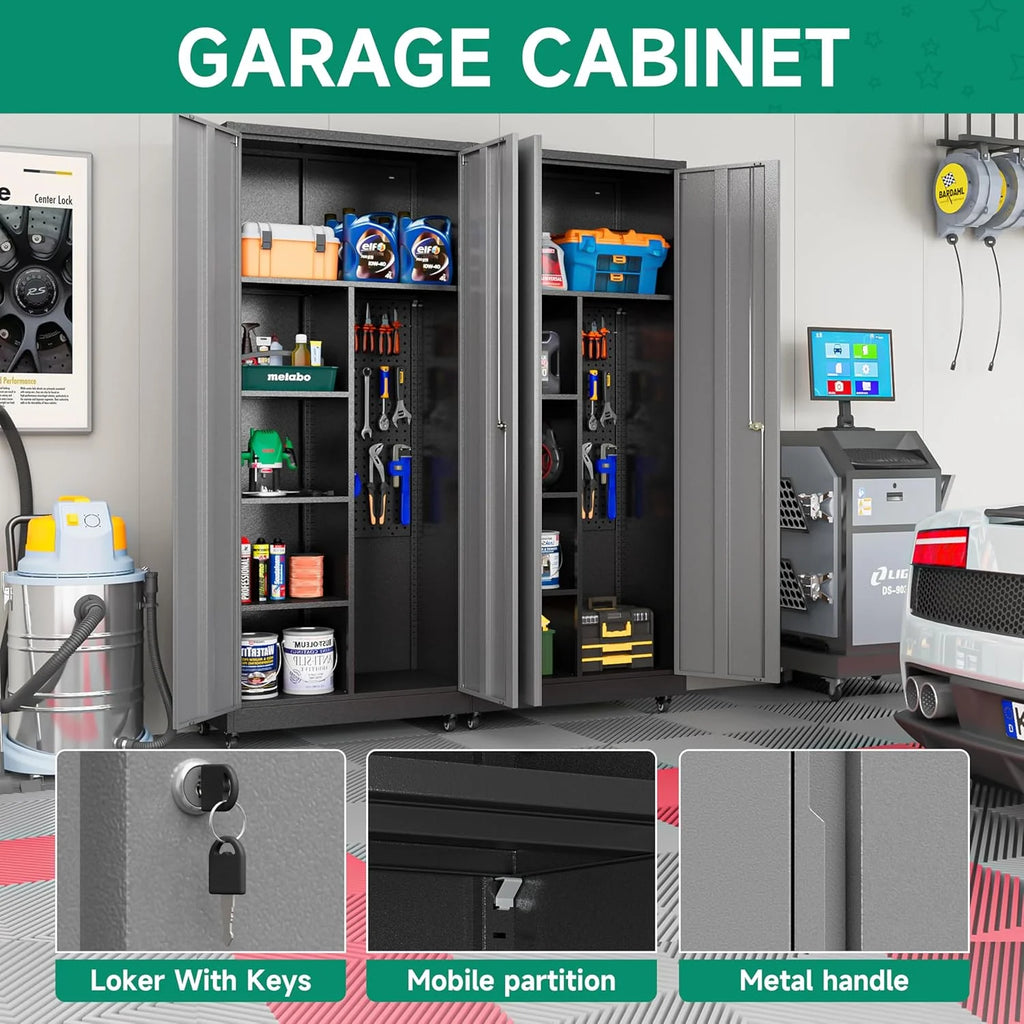 Metal Garage Storage Cabinet with Locking Doors and Adjustable Shelves, Rolling Tool Storage Cabinet with Lock,Steel Locking Cabinet,Tall Storage Cabinet on Wheels for Garage,Warehouse-Black Gray