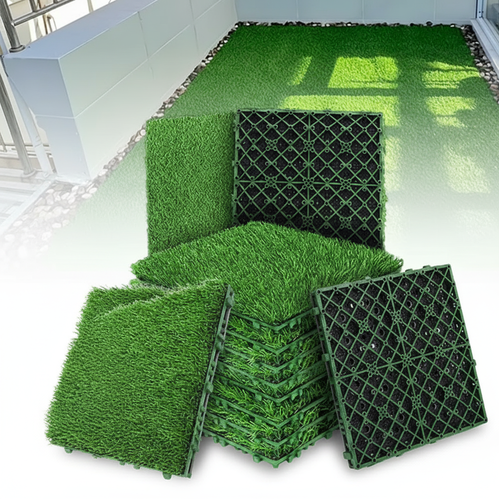 10 Pcs 12 Inchx12 Inch Realistic Grass Turf Tile Interlocking Square Artificial Grass Mat Grass Flooring Tiles for Garden Decor