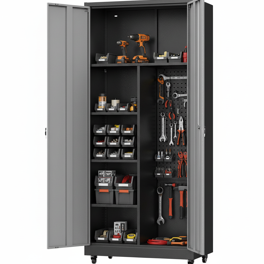 Metal Garage Storage Cabinet with Locking Doors and Adjustable Shelves, Rolling Tool Storage Cabinet with Lock,Steel Locking Cabinet,Tall Storage Cabinet on Wheels for Garage,Warehouse-Black Gray